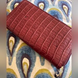 Vintage Lacoste Burgundy Croc Embossed Leather Zip Around Wallet